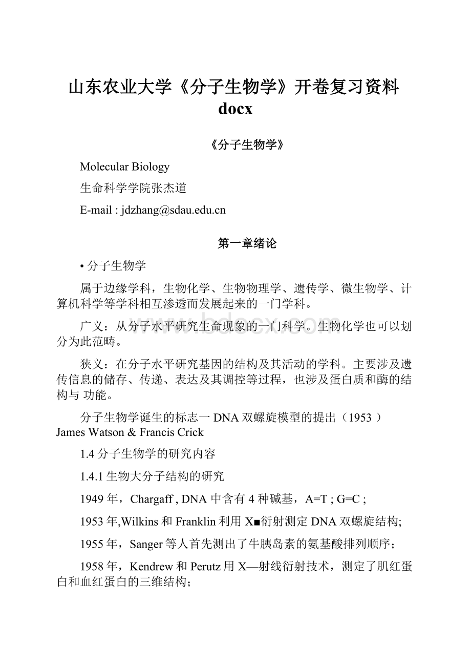 山东农业大学《分子生物学》开卷复习资料docx.docx