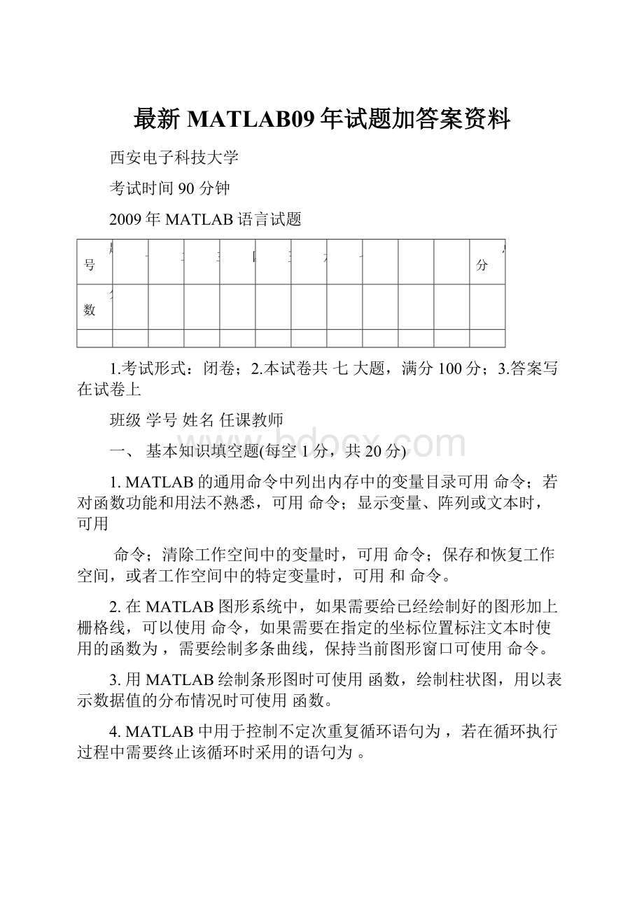 最新MATLAB09年试题加答案资料.docx