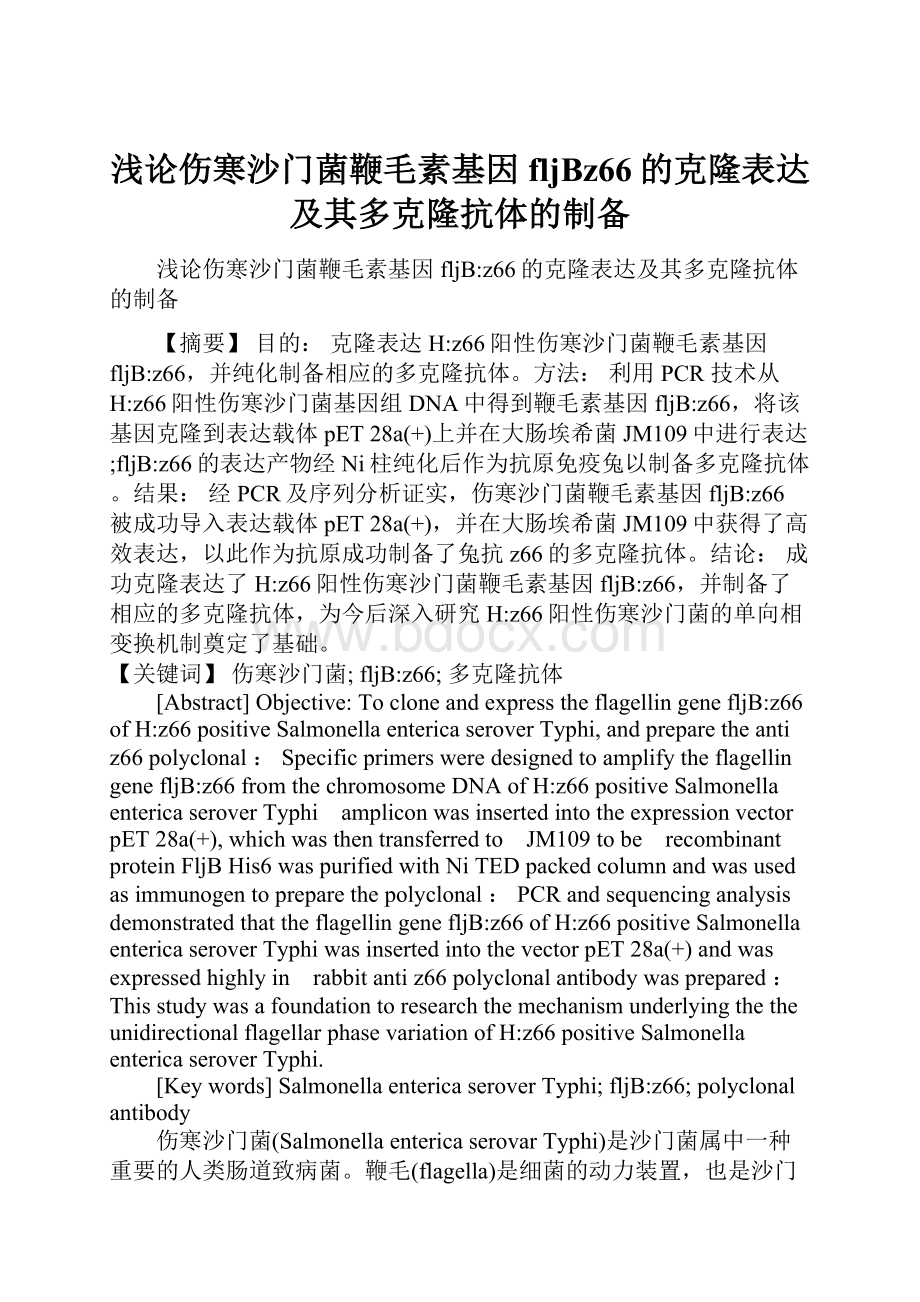 浅论伤寒沙门菌鞭毛素基因fljBz66的克隆表达及其多克隆抗体的制备.docx