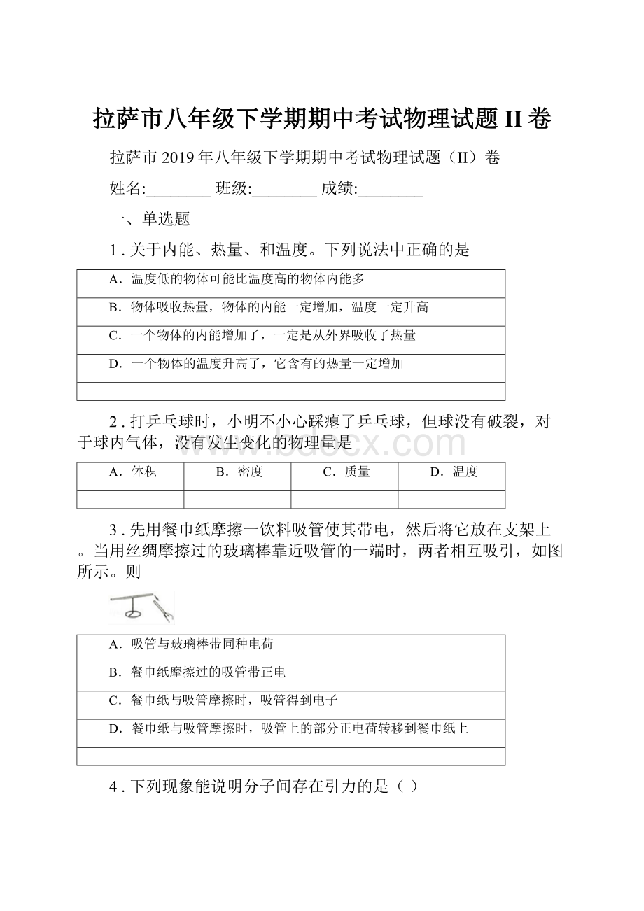 拉萨市八年级下学期期中考试物理试题II卷.docx