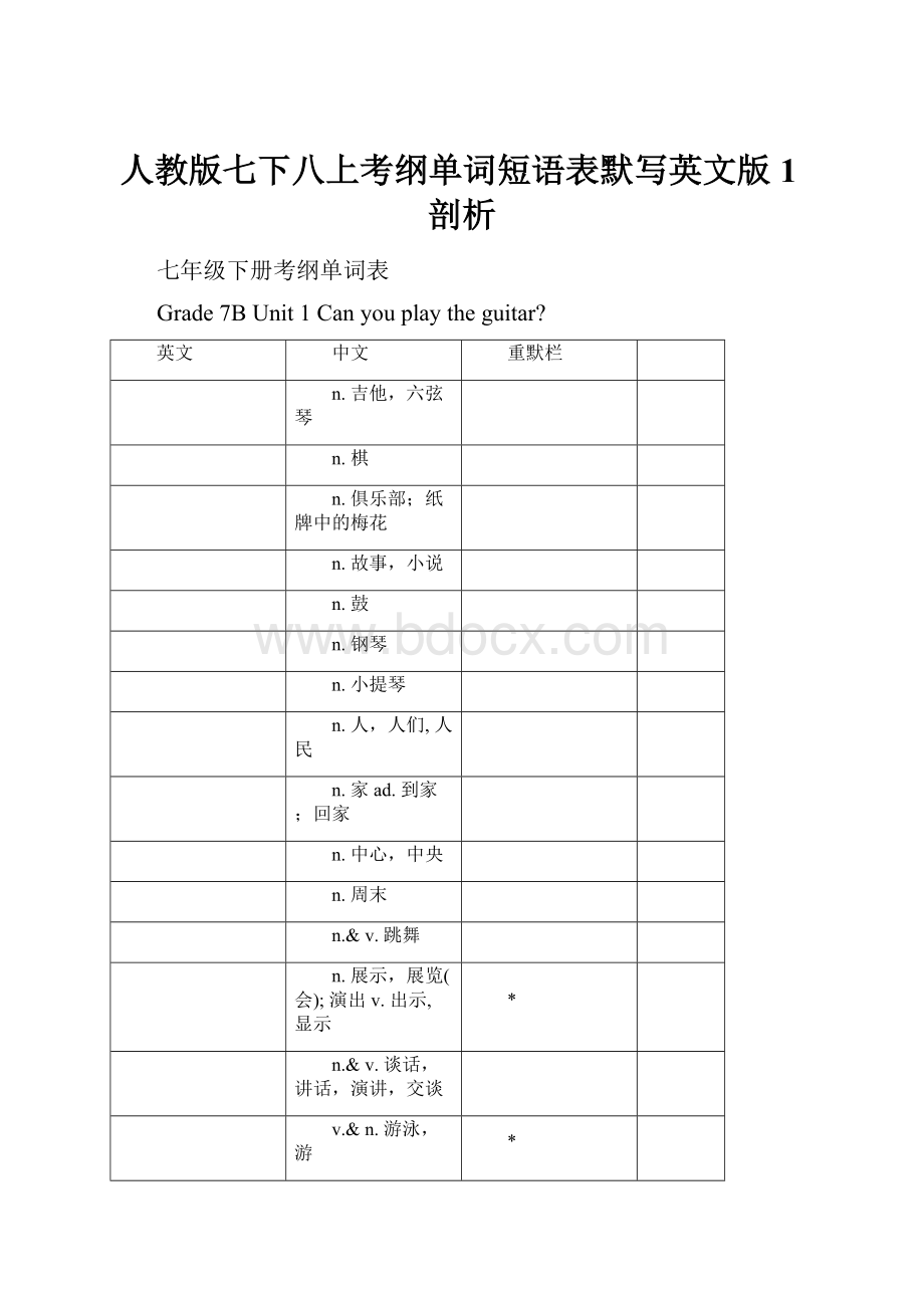 人教版七下八上考纲单词短语表默写英文版1剖析.docx_第1页