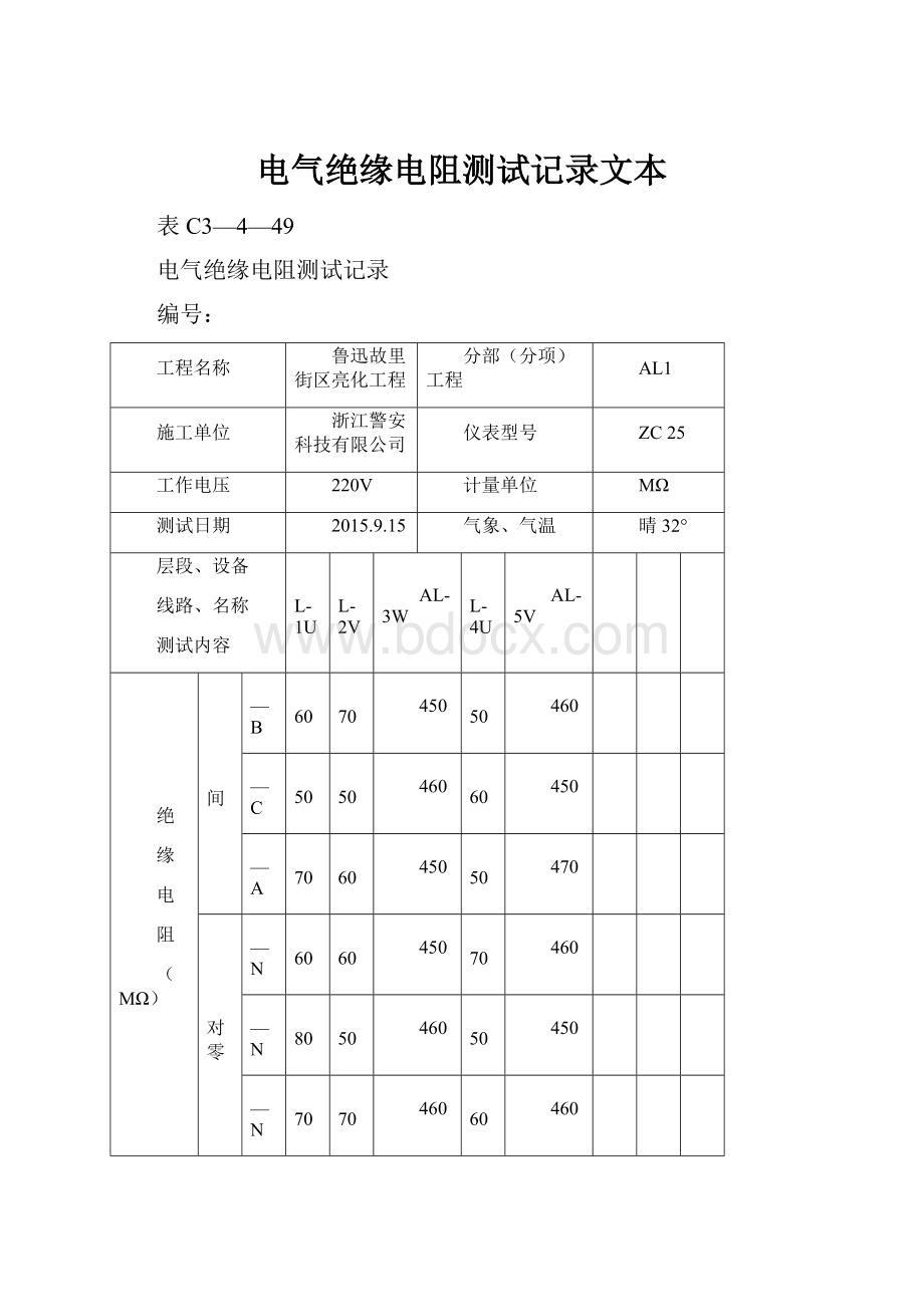 电气绝缘电阻测试记录文本.docx_第1页