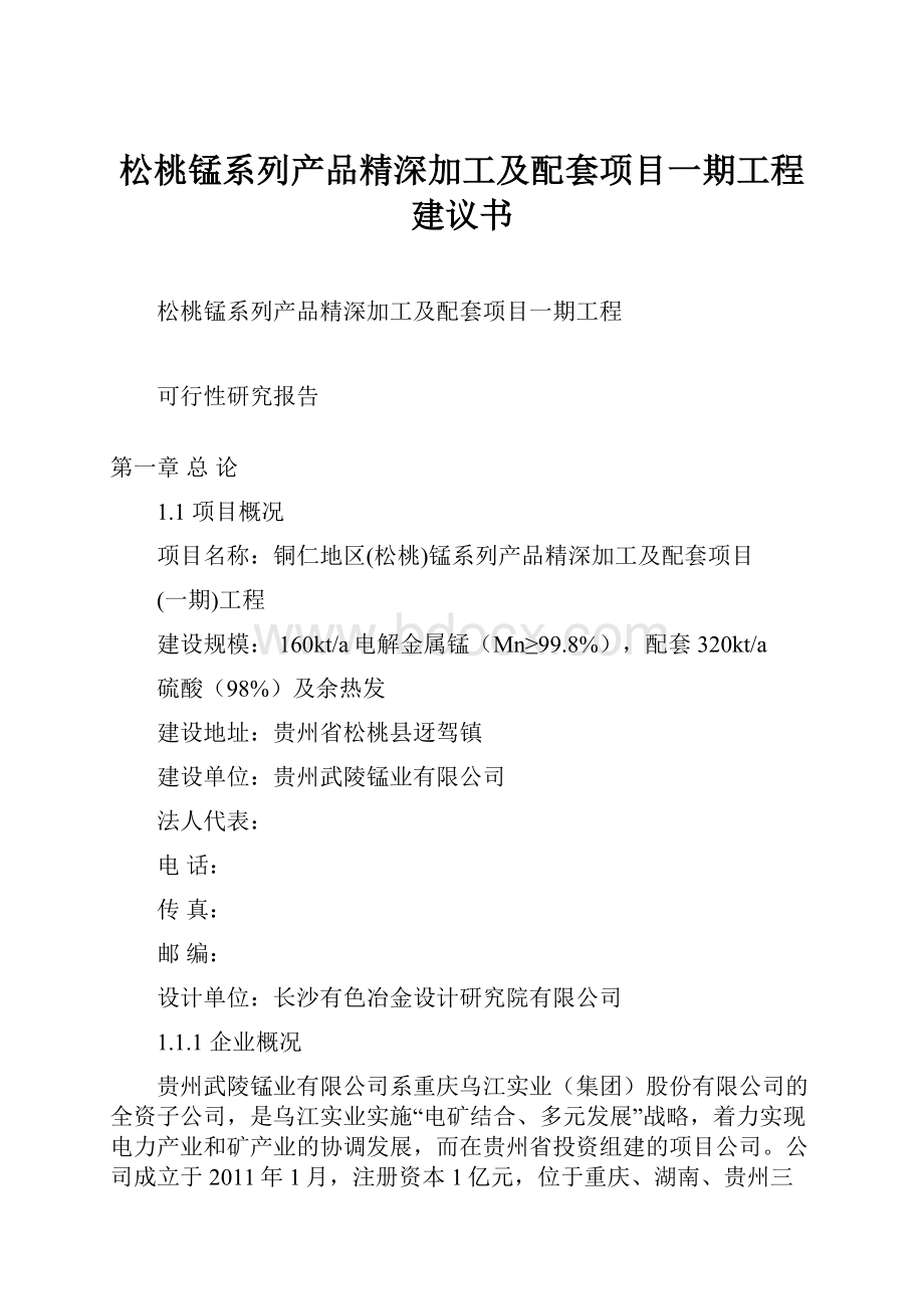 松桃锰系列产品精深加工及配套项目一期工程建议书.docx_第1页