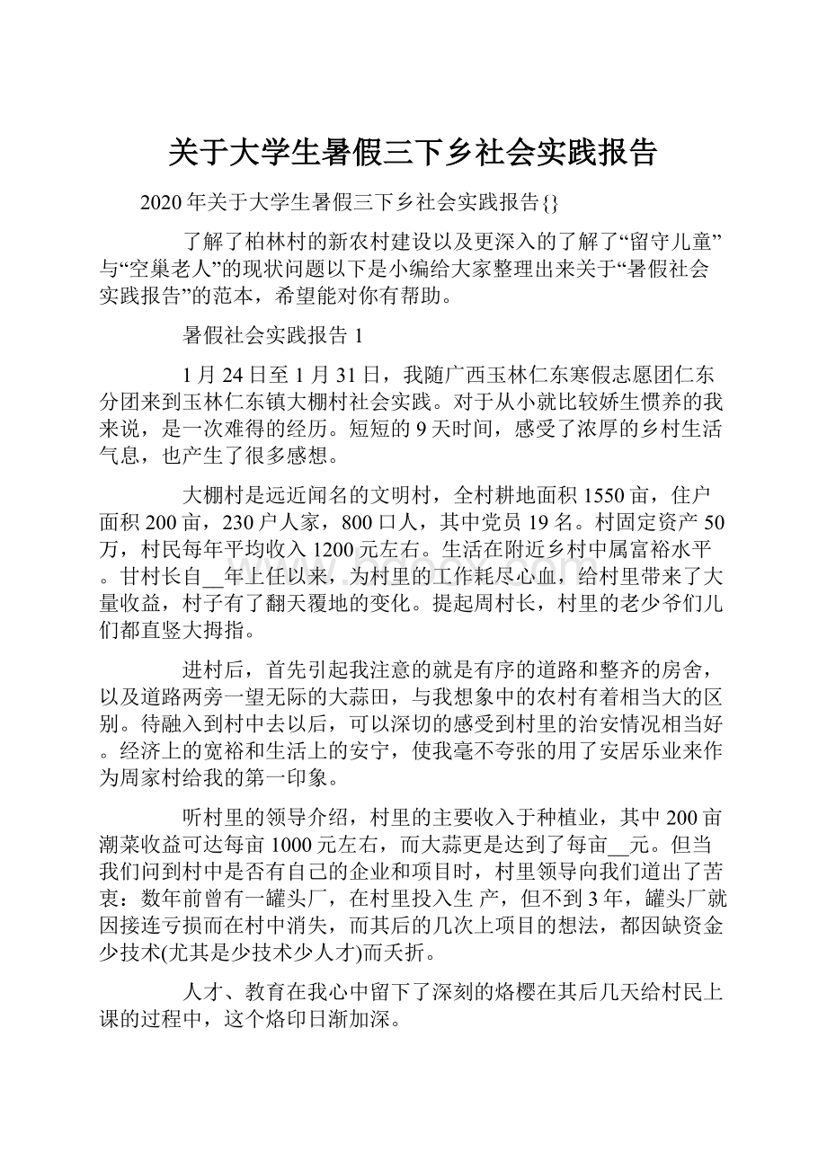 关于大学生暑假三下乡社会实践报告.docx