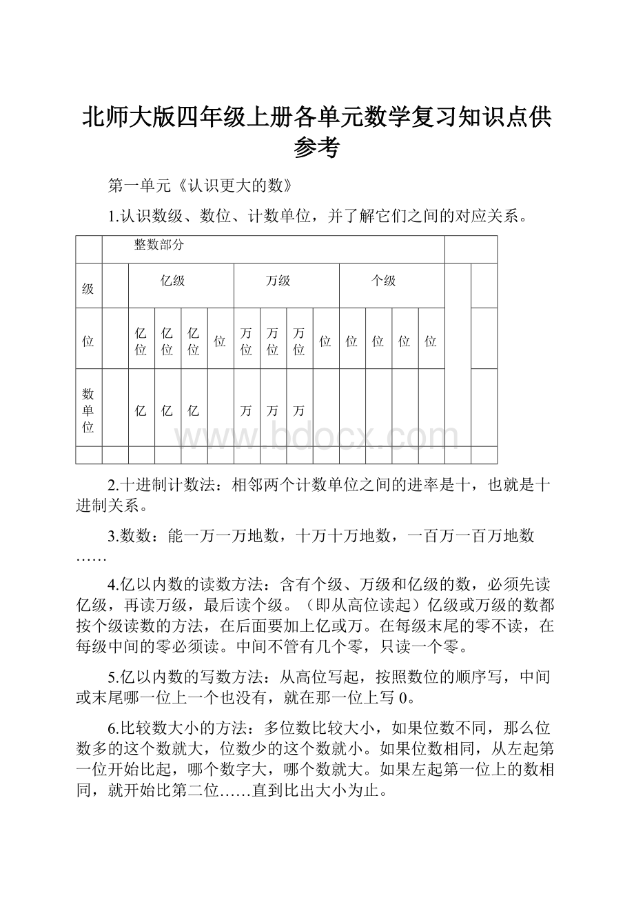 北师大版四年级上册各单元数学复习知识点供参考.docx