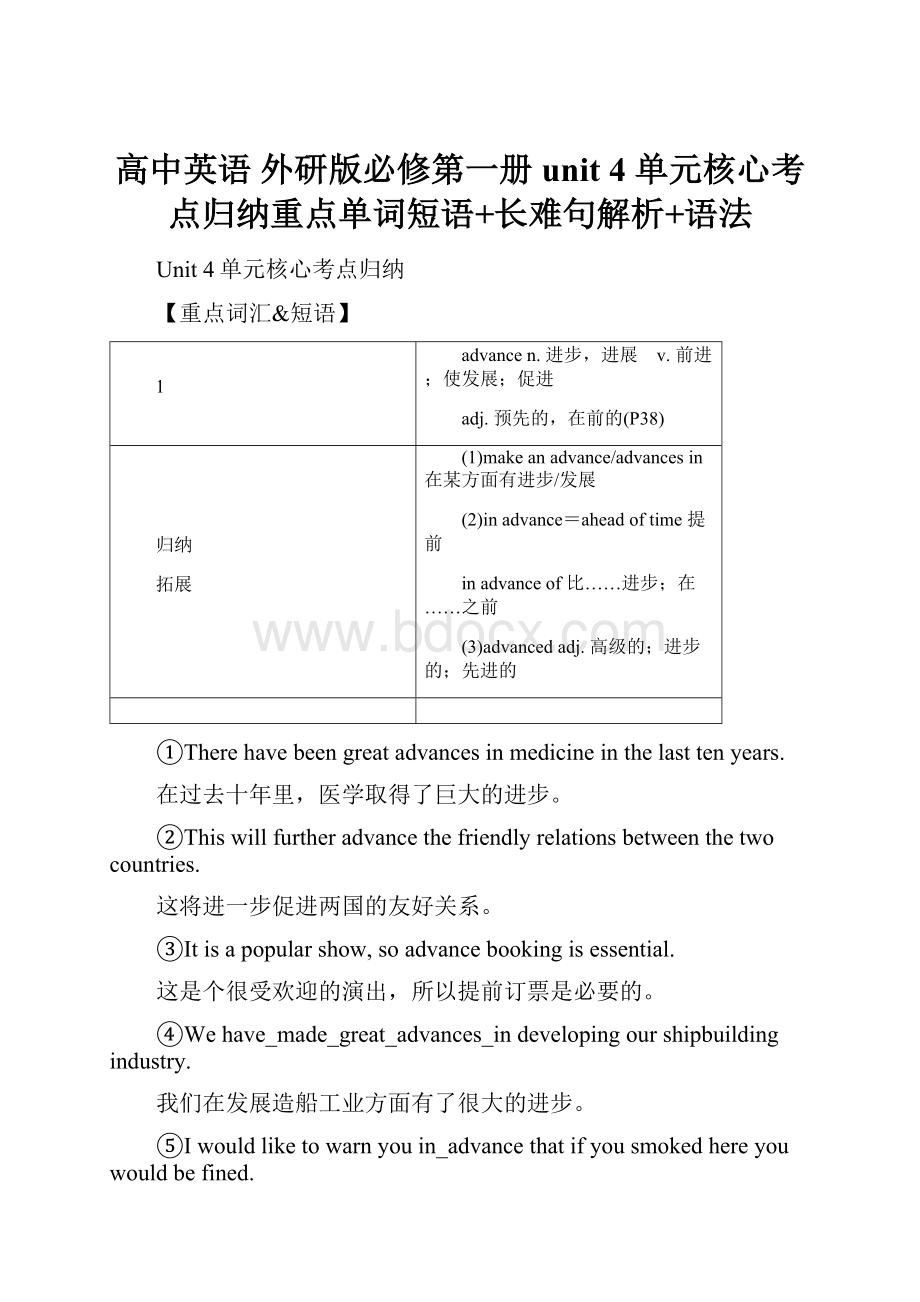 高中英语 外研版必修第一册unit 4 单元核心考点归纳重点单词短语+长难句解析+语法.docx