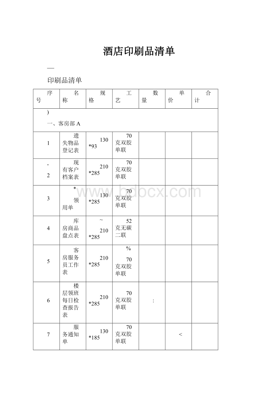 酒店印刷品清单.docx