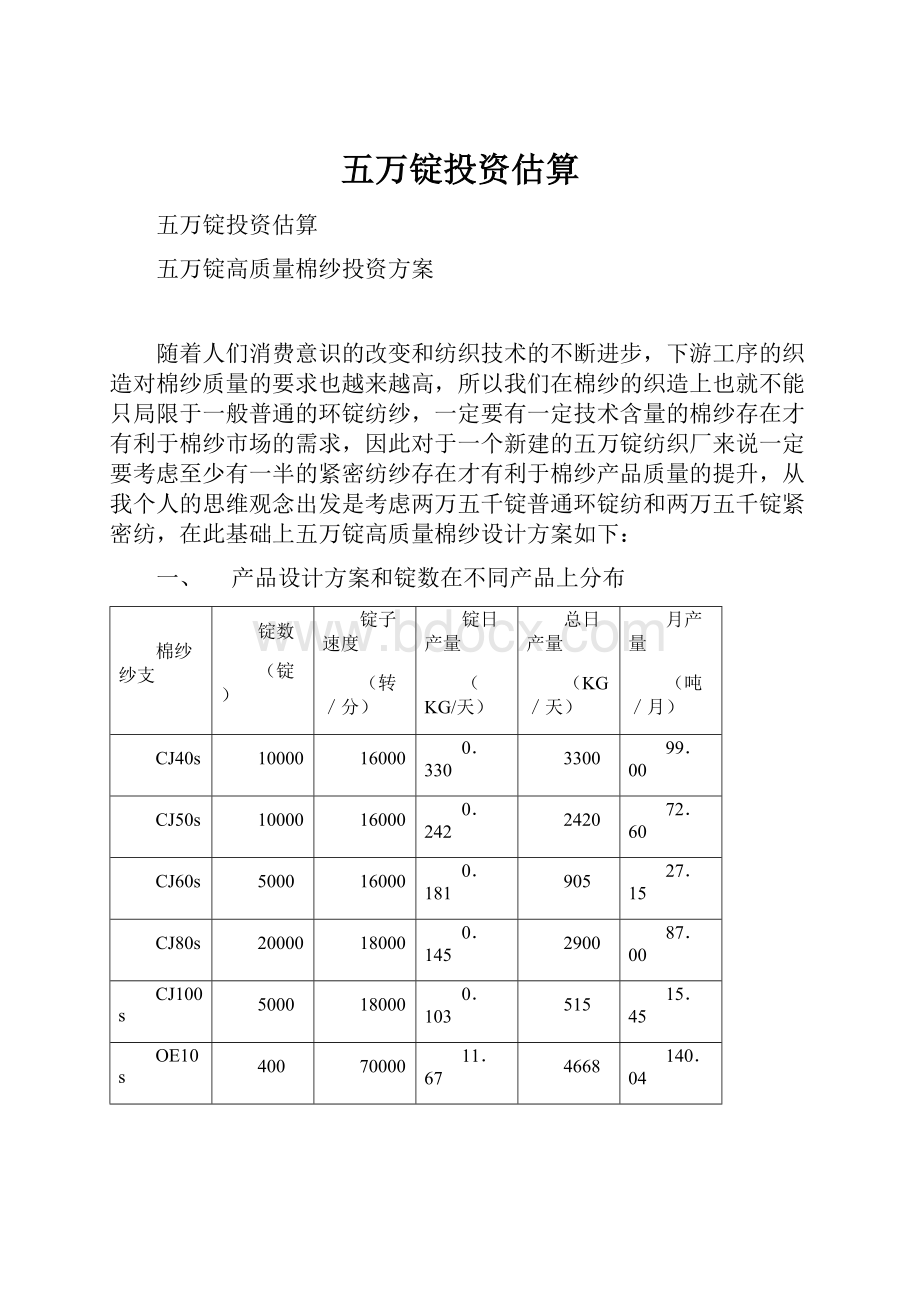 五万锭投资估算.docx