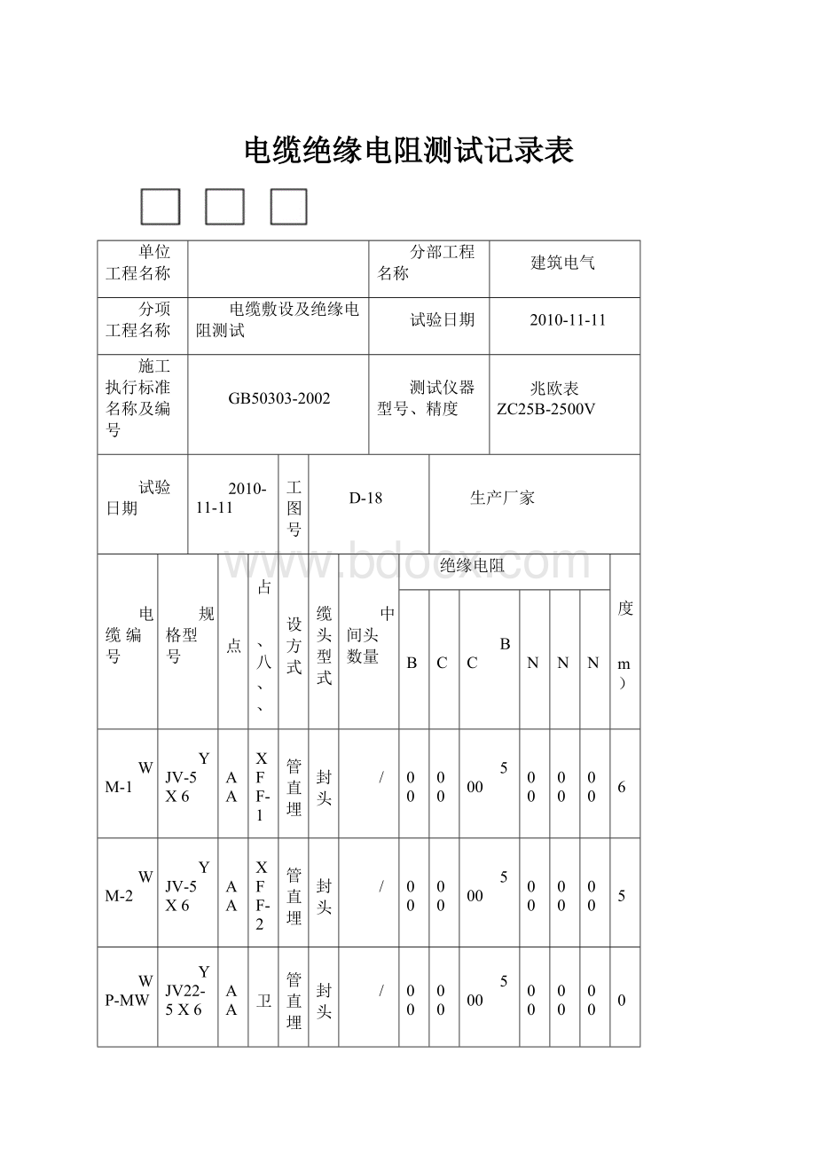 电缆绝缘电阻测试记录表.docx_第1页