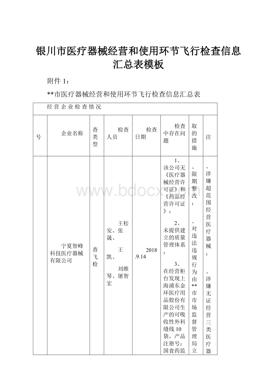 银川市医疗器械经营和使用环节飞行检查信息汇总表模板.docx