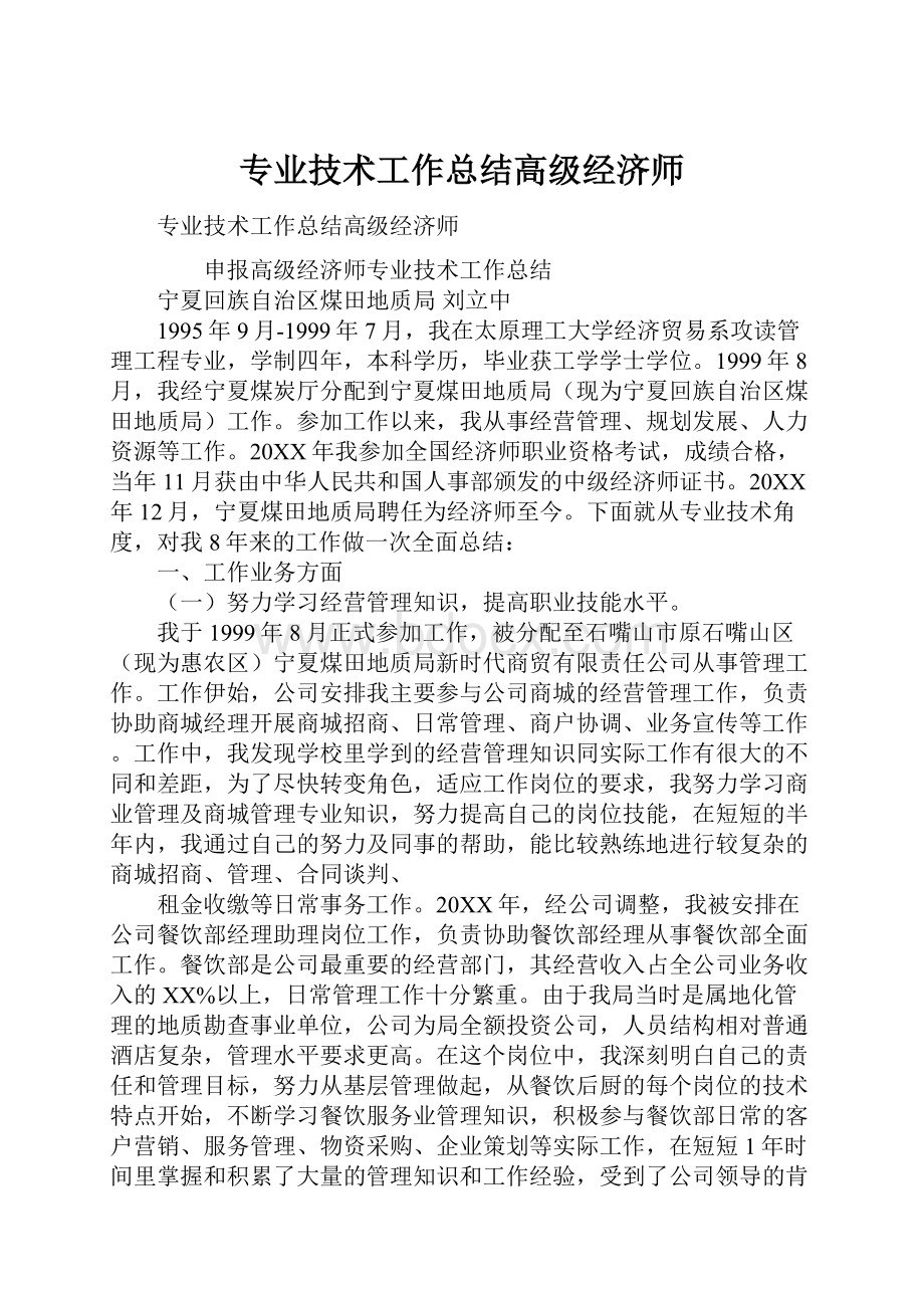 专业技术工作总结高级经济师.docx_第1页