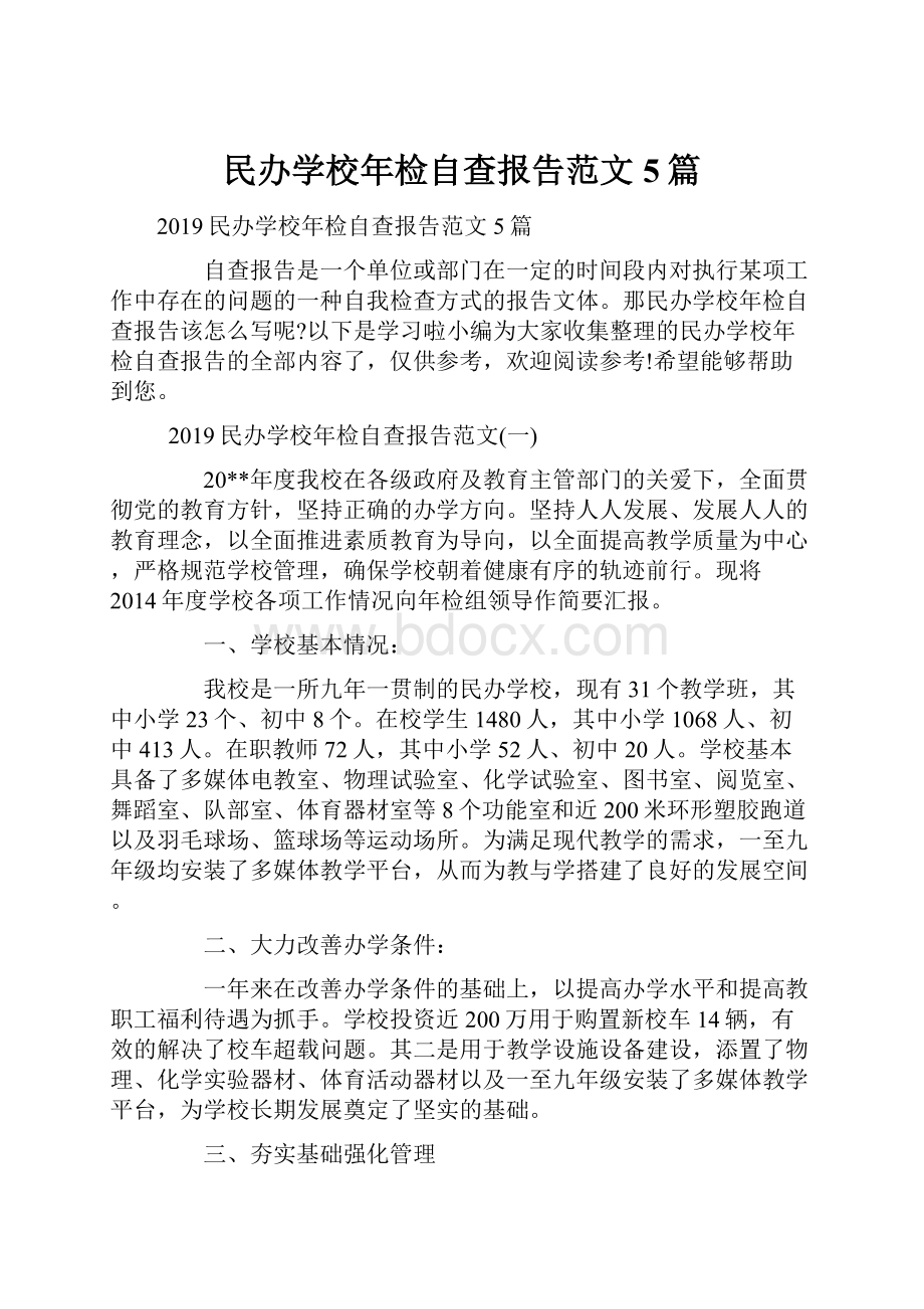 民办学校年检自查报告范文5篇.docx