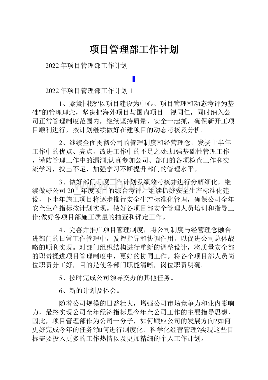 项目管理部工作计划.docx_第1页