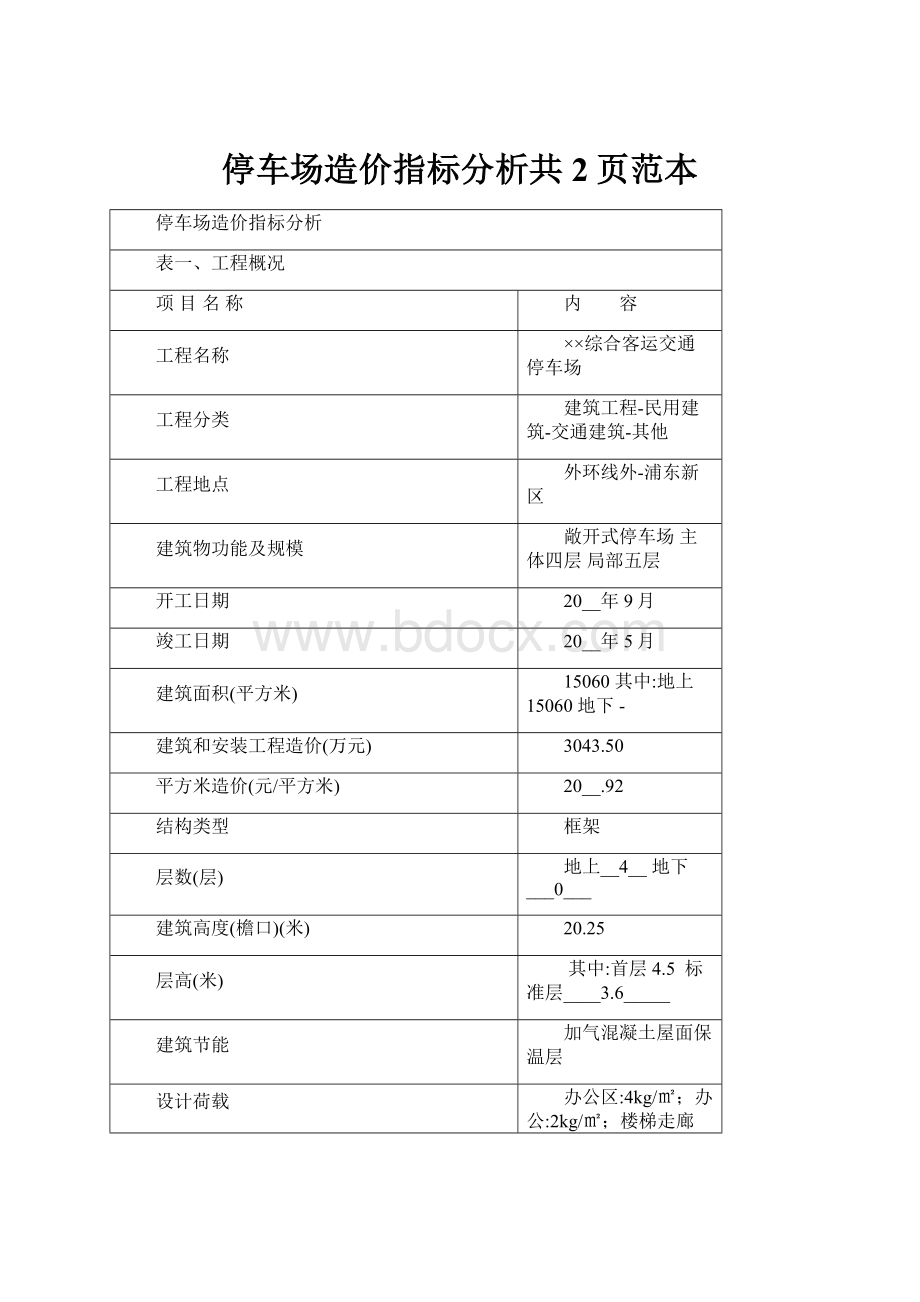 停车场造价指标分析共2页范本.docx