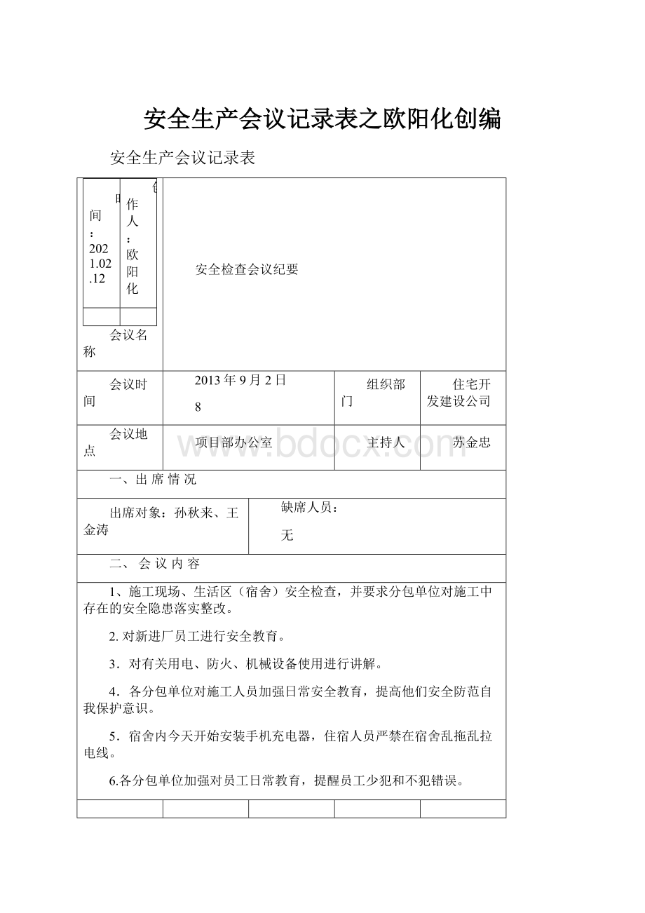 安全生产会议记录表之欧阳化创编.docx