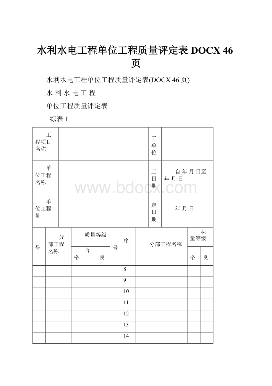 水利水电工程单位工程质量评定表DOCX 46页.docx_第1页