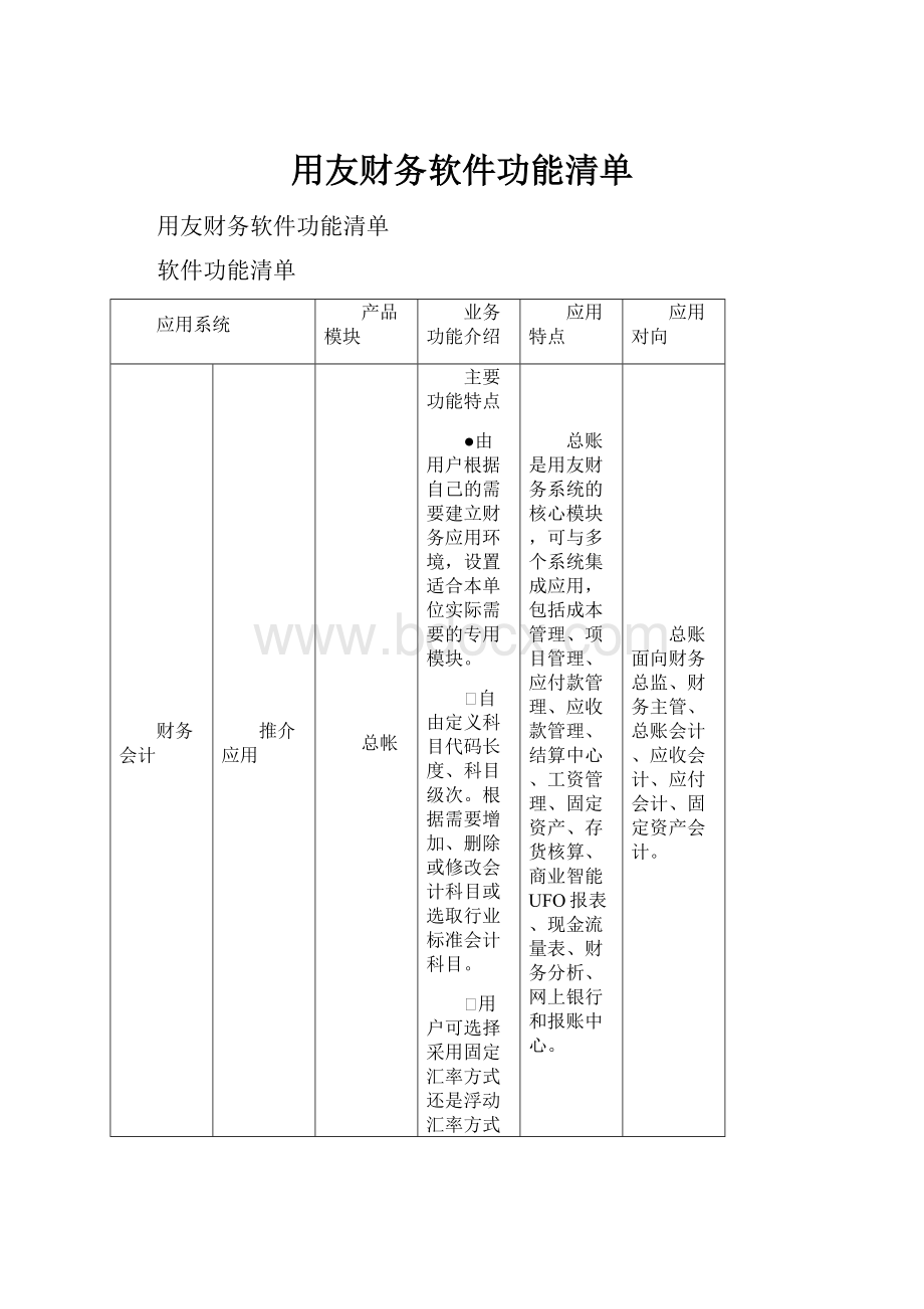 用友财务软件功能清单.docx