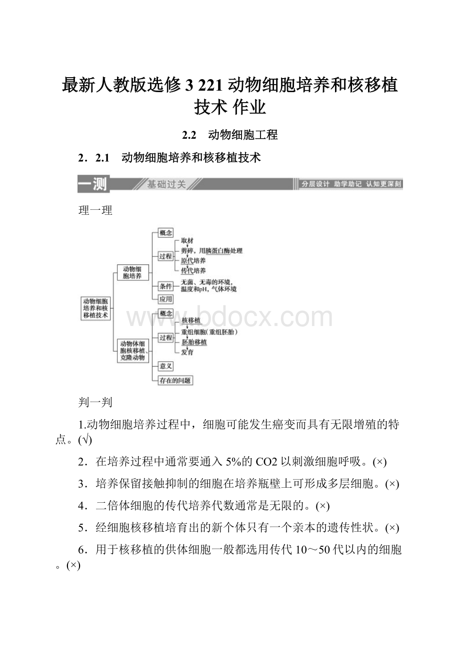 最新人教版选修3 221 动物细胞培养和核移植技术 作业.docx