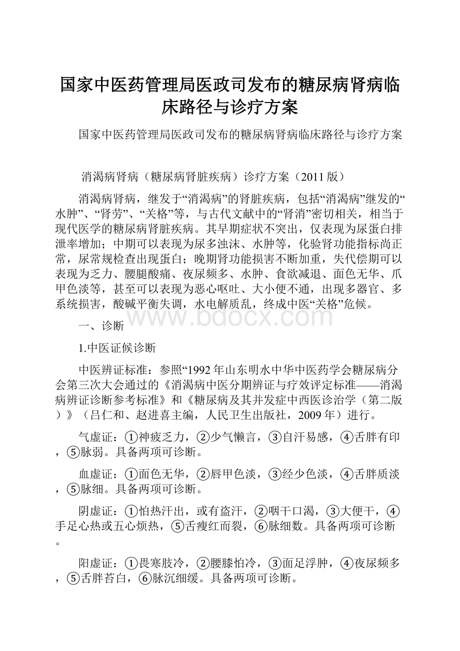 国家中医药管理局医政司发布的糖尿病肾病临床路径与诊疗方案.docx