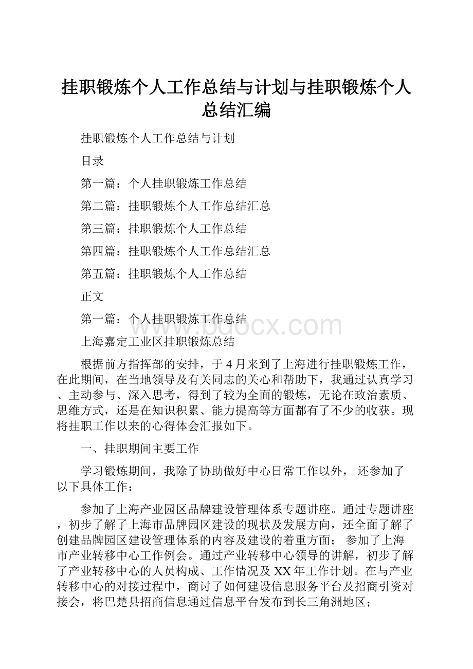 挂职锻炼个人工作总结与计划与挂职锻炼个人总结汇编.docx