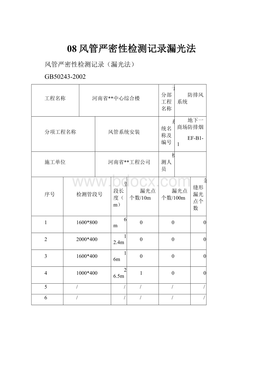 08风管严密性检测记录漏光法.docx_第1页