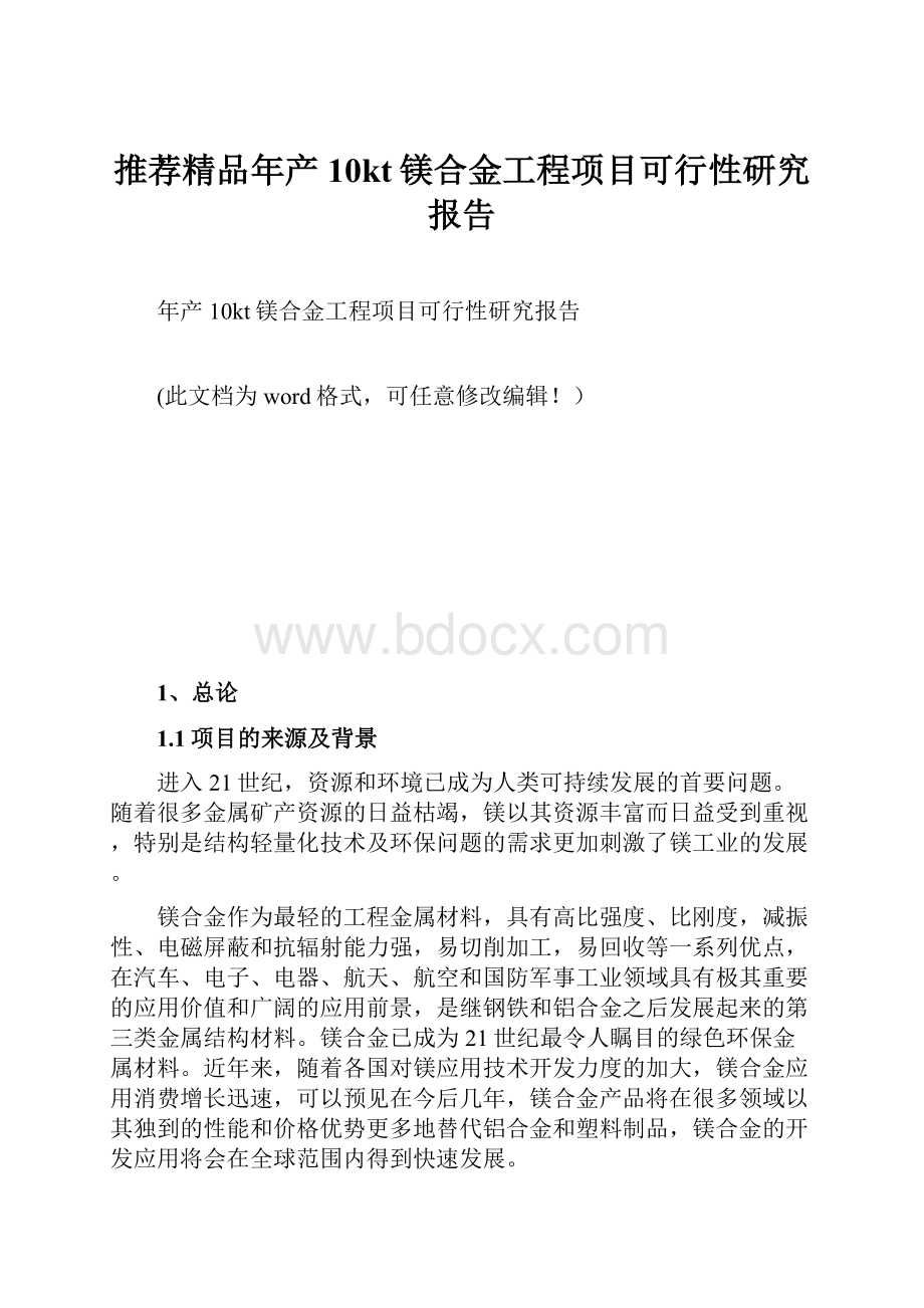 推荐精品年产10kt镁合金工程项目可行性研究报告.docx