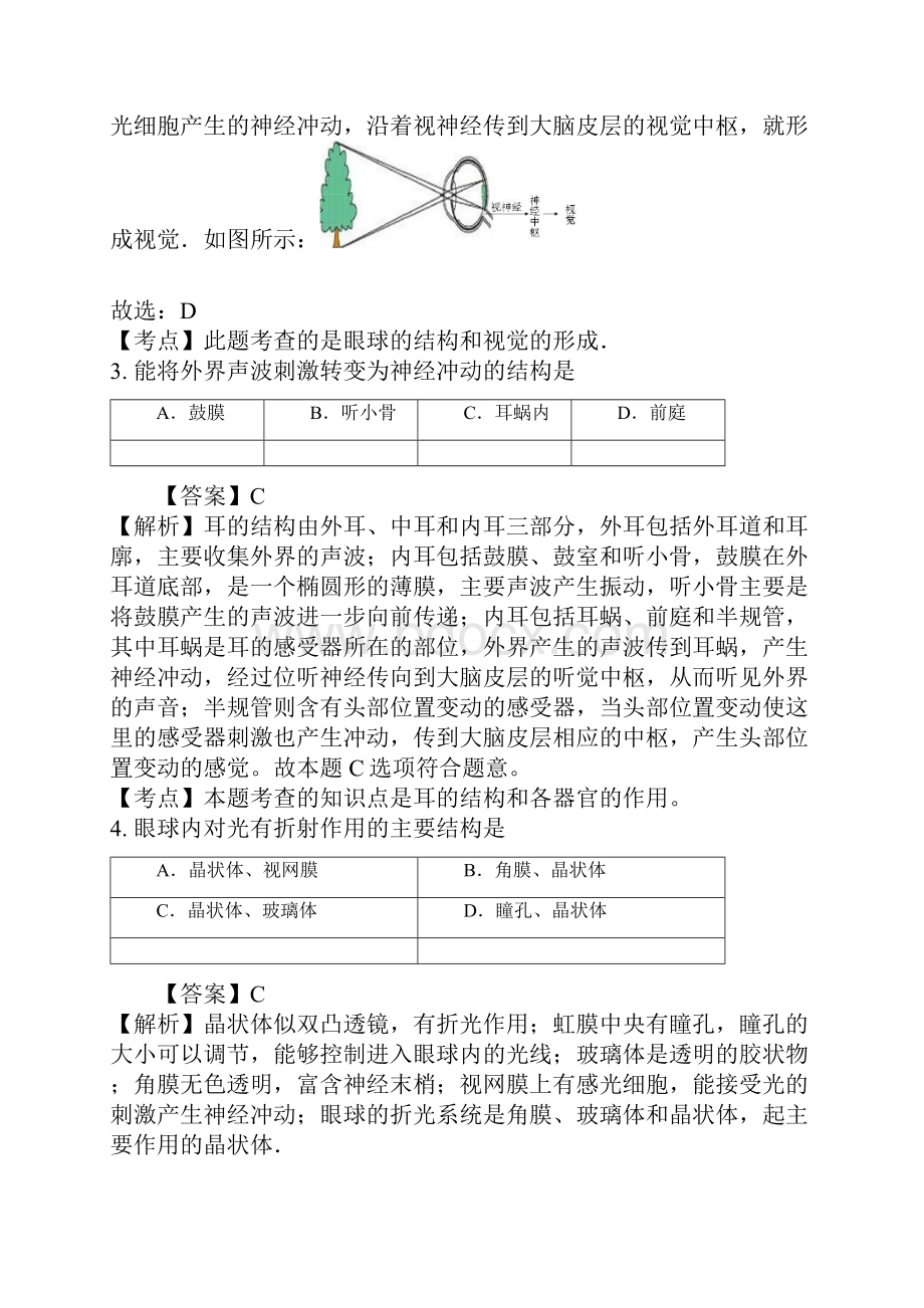 初一生物人体对外界环境的感知试题答案及解析.docx_第2页