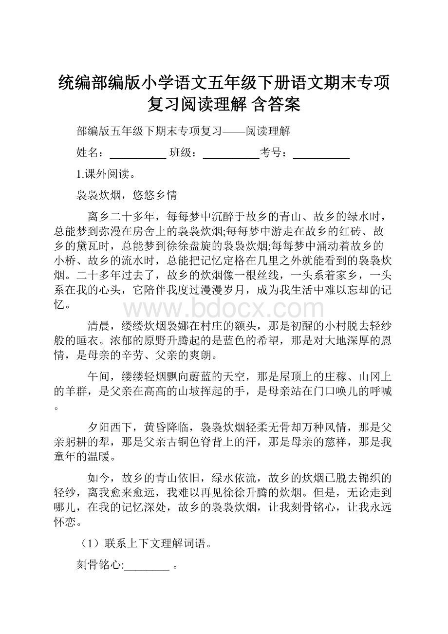 统编部编版小学语文五年级下册语文期末专项复习阅读理解 含答案.docx