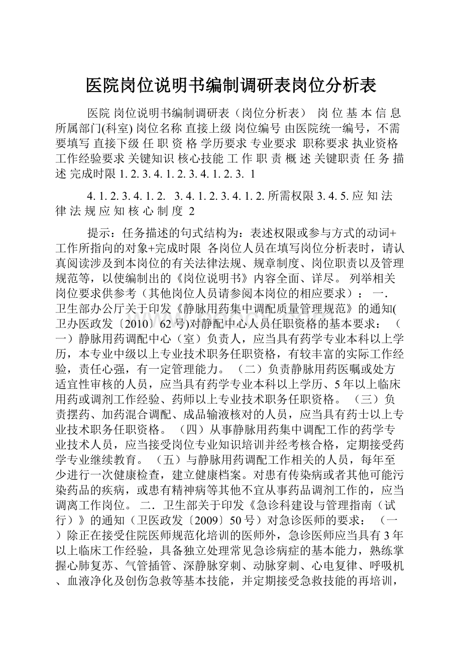 医院岗位说明书编制调研表岗位分析表.docx_第1页