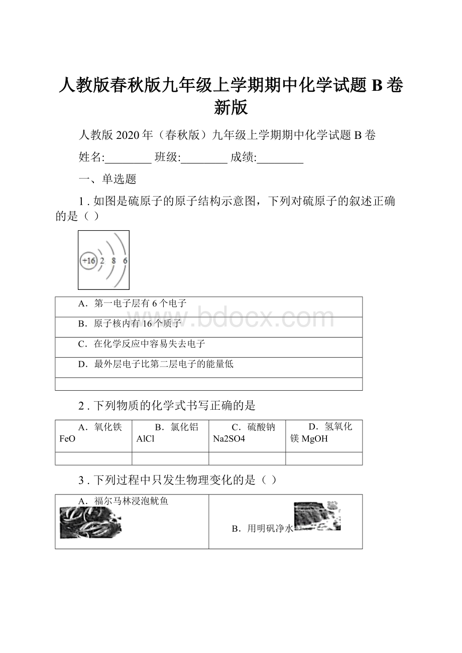 人教版春秋版九年级上学期期中化学试题B卷新版.docx