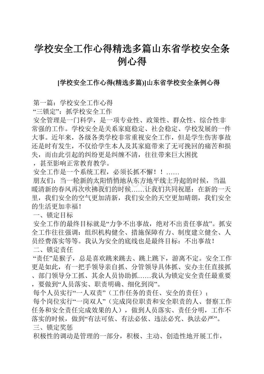 学校安全工作心得精选多篇山东省学校安全条例心得.docx