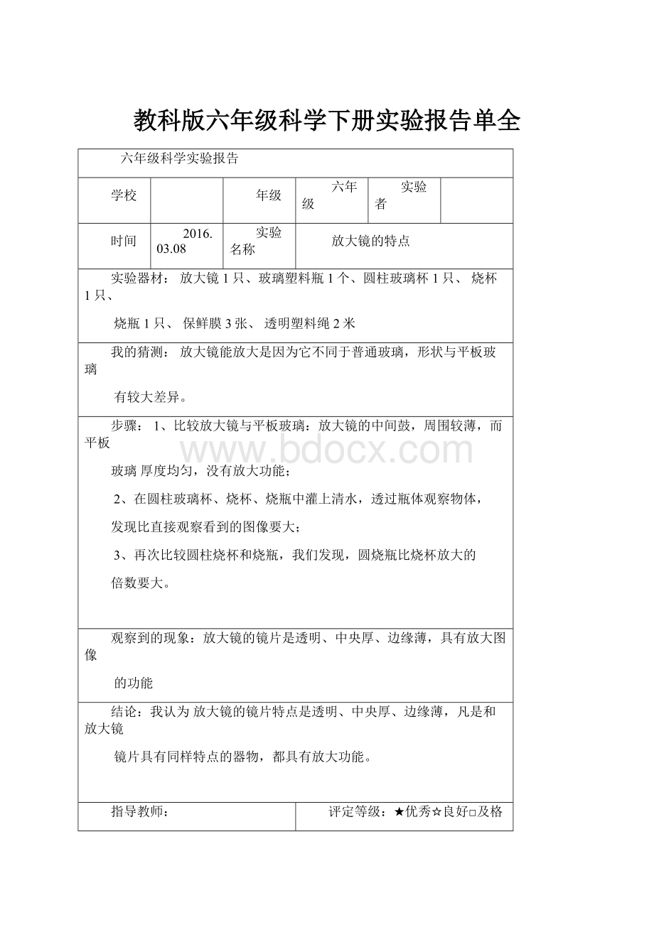 教科版六年级科学下册实验报告单全.docx