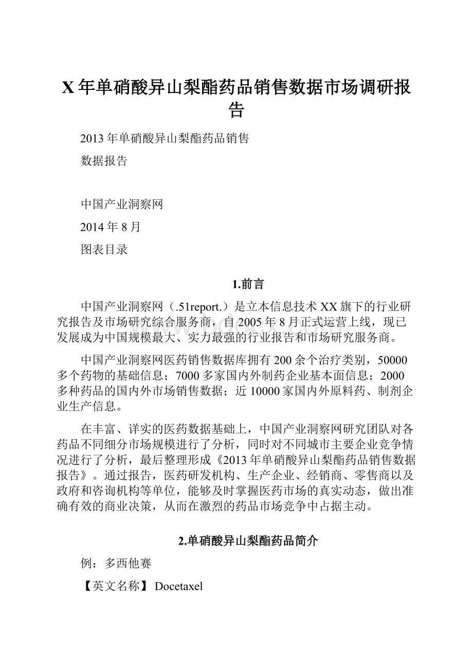 X年单硝酸异山梨酯药品销售数据市场调研报告.docx_第1页