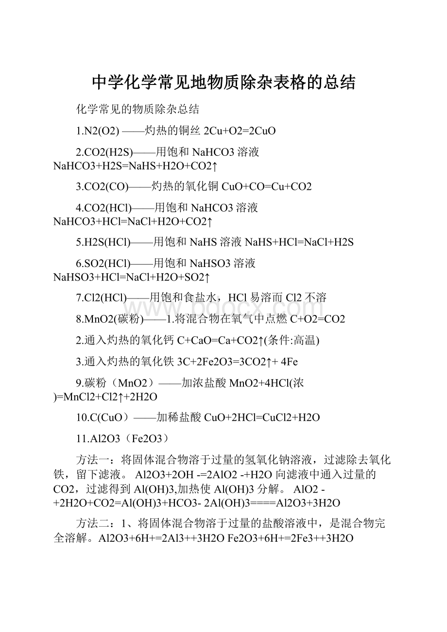 中学化学常见地物质除杂表格的总结.docx