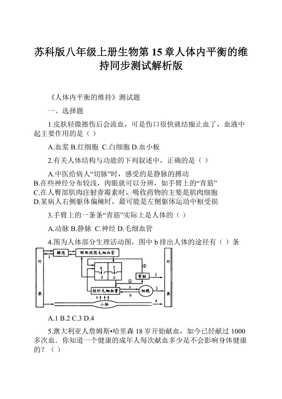 苏科版八年级上册生物第15章人体内平衡的维持同步测试解析版.docx