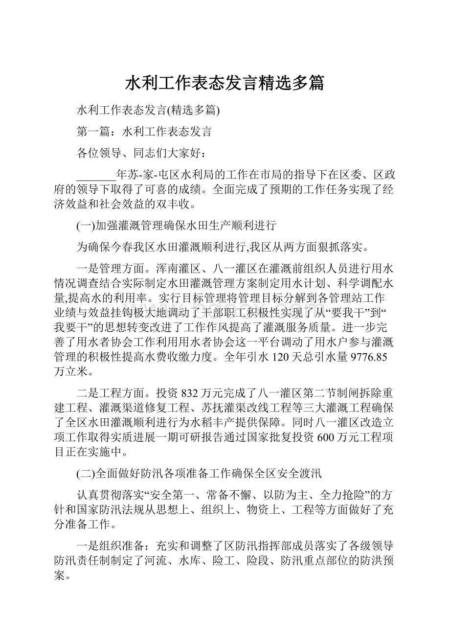 水利工作表态发言精选多篇.docx