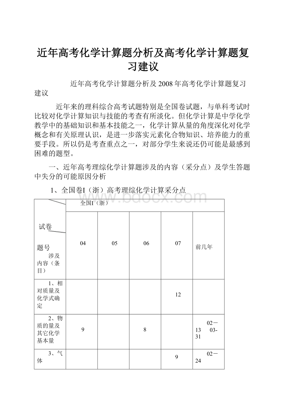 近年高考化学计算题分析及高考化学计算题复习建议.docx