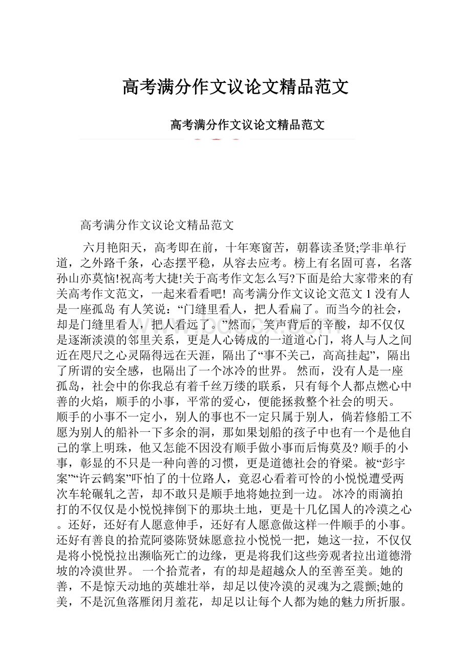 高考满分作文议论文精品范文.docx