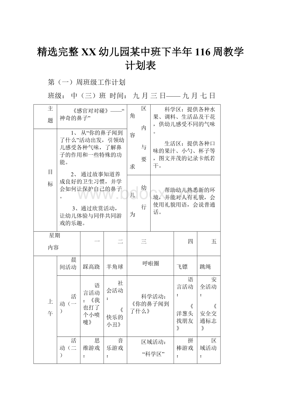 精选完整XX幼儿园某中班下半年116周教学计划表.docx