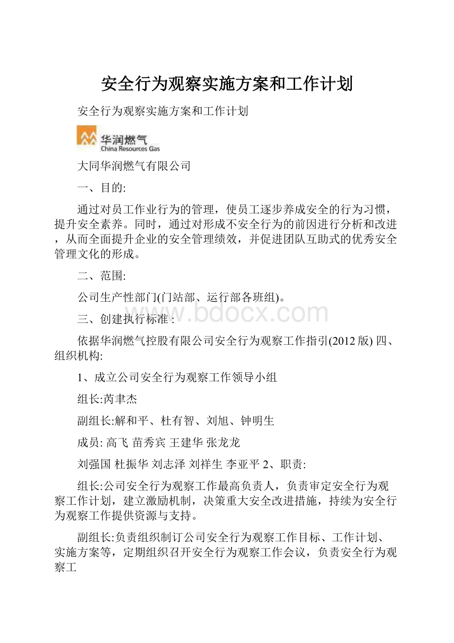 安全行为观察实施方案和工作计划.docx