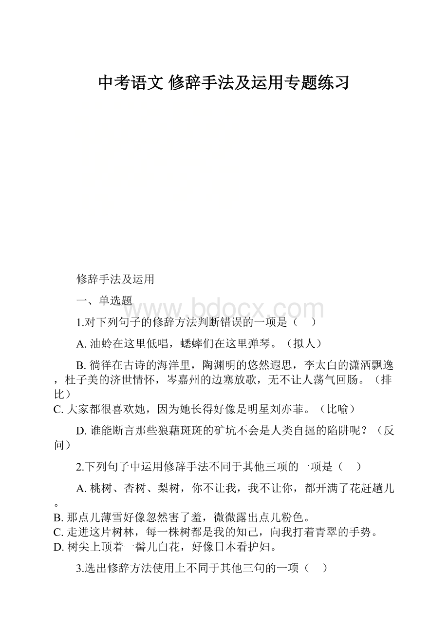 中考语文 修辞手法及运用专题练习.docx_第1页