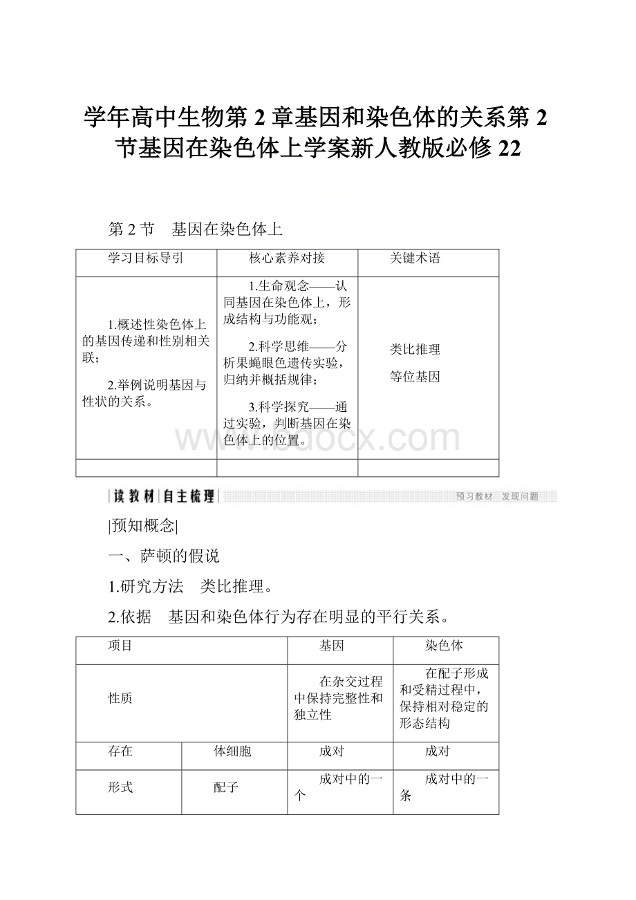学年高中生物第2章基因和染色体的关系第2节基因在染色体上学案新人教版必修22.docx_第1页