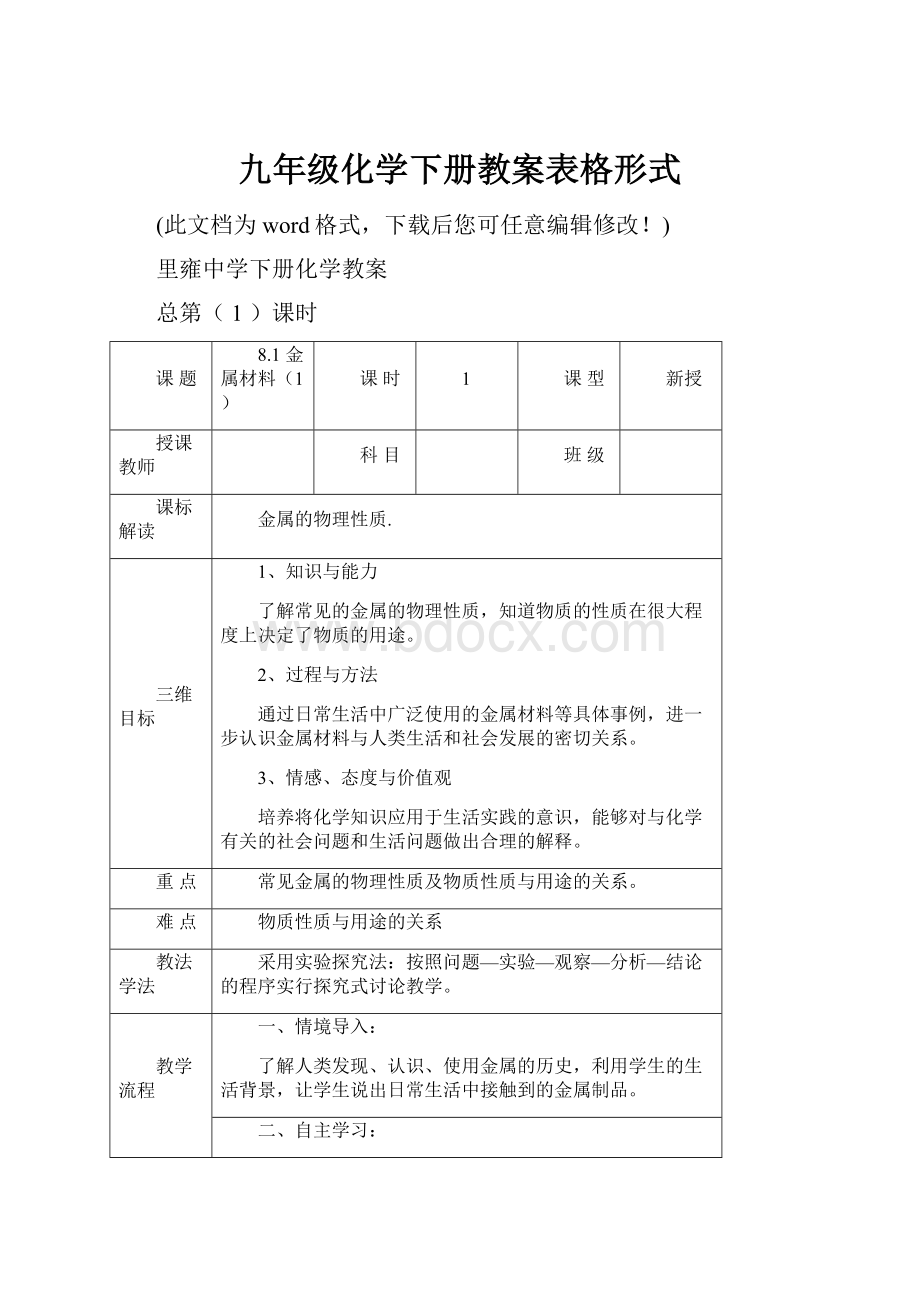 九年级化学下册教案表格形式.docx