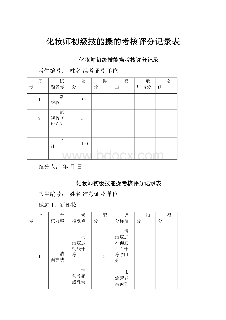 化妆师初级技能操的考核评分记录表.docx