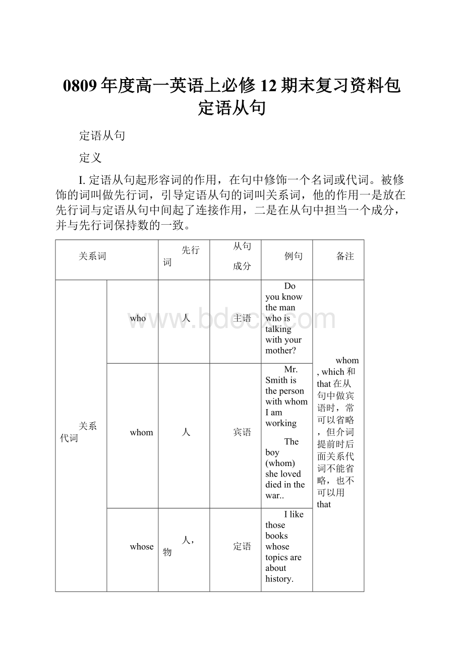 0809年度高一英语上必修12期末复习资料包定语从句.docx