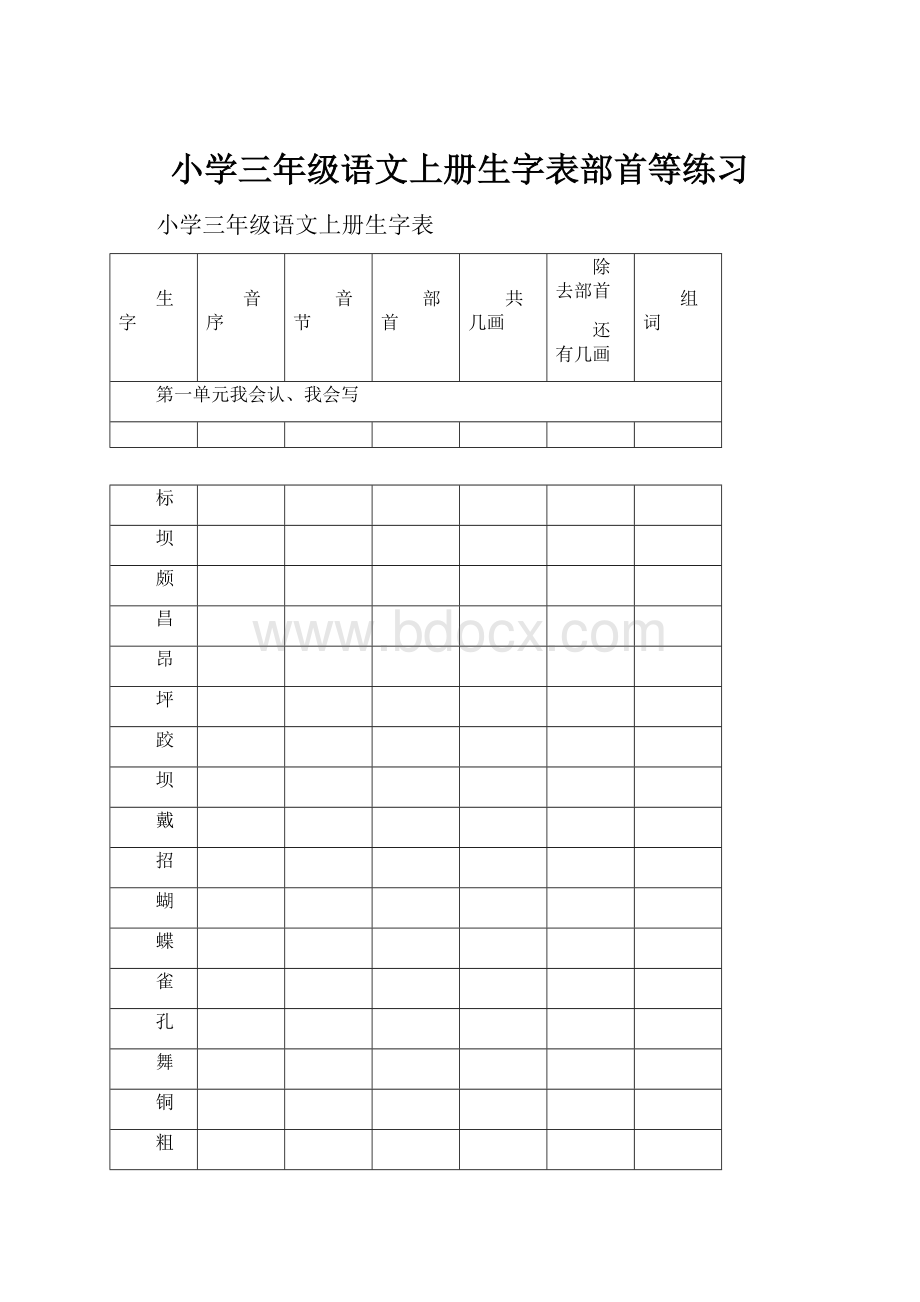 小学三年级语文上册生字表部首等练习.docx