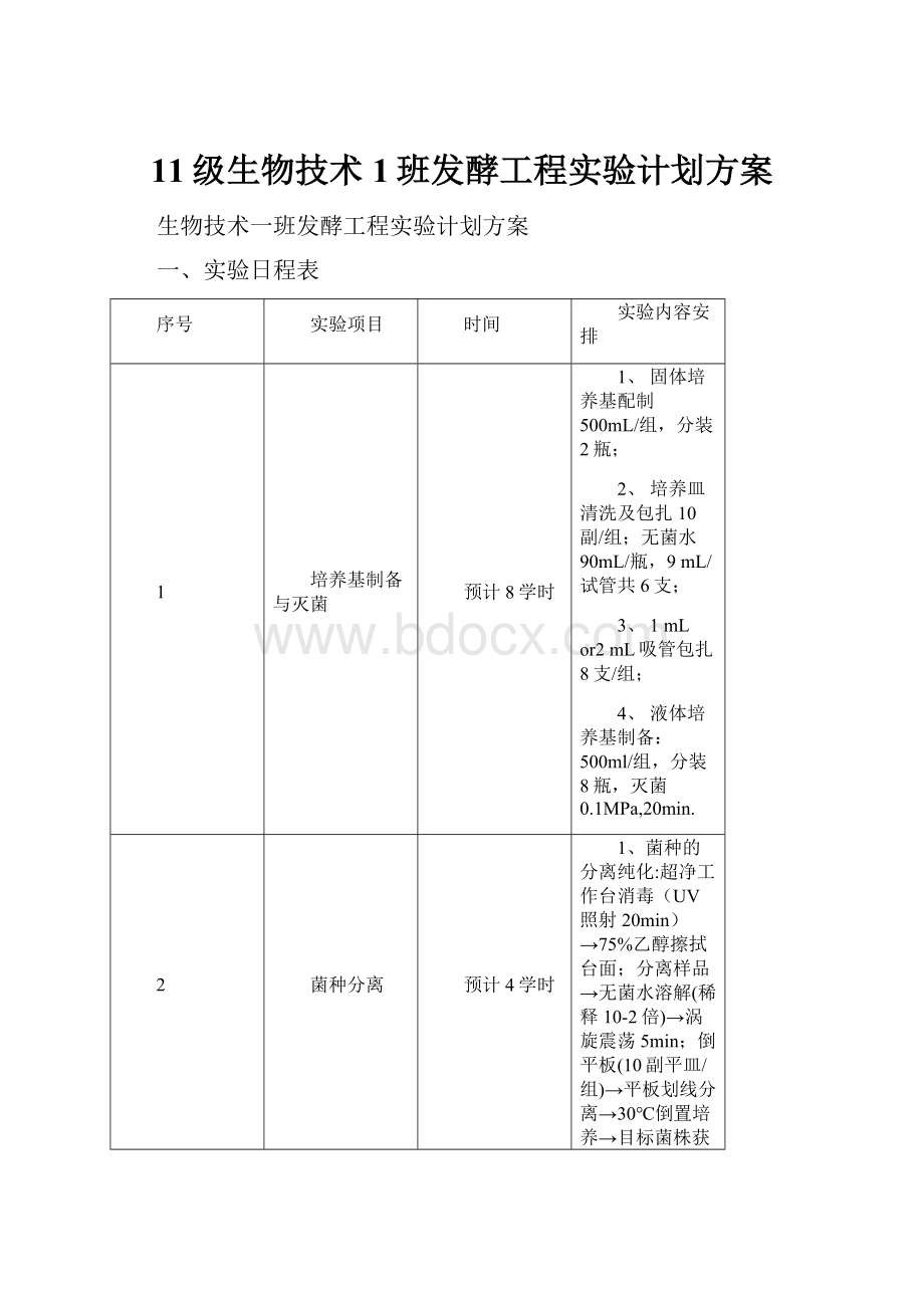 11级生物技术1班发酵工程实验计划方案.docx