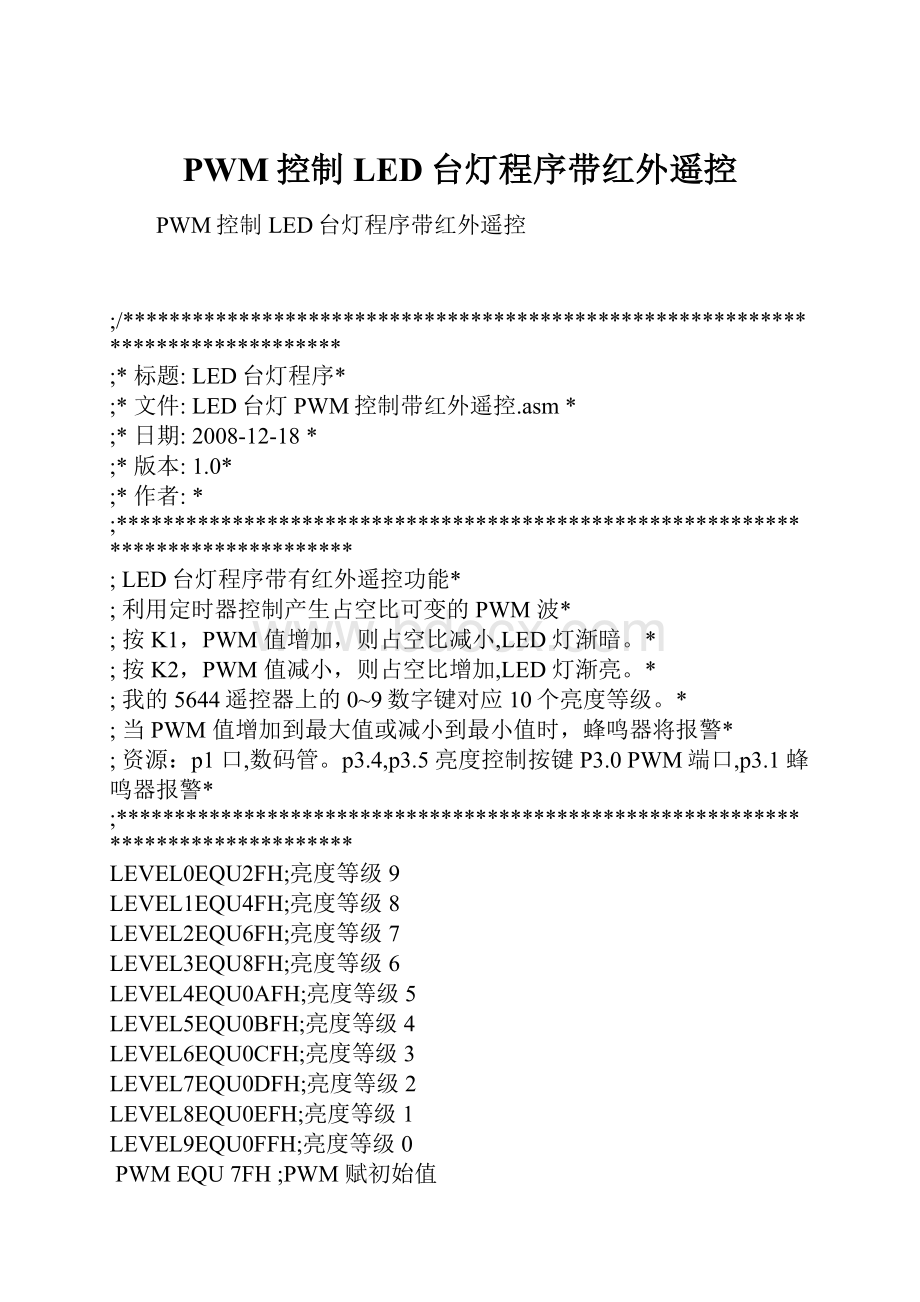 PWM控制LED台灯程序带红外遥控.docx_第1页