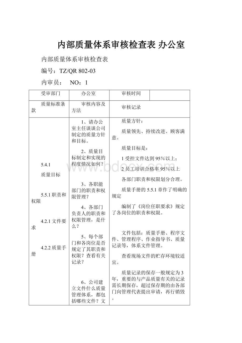 内部质量体系审核检查表 办公室.docx_第1页