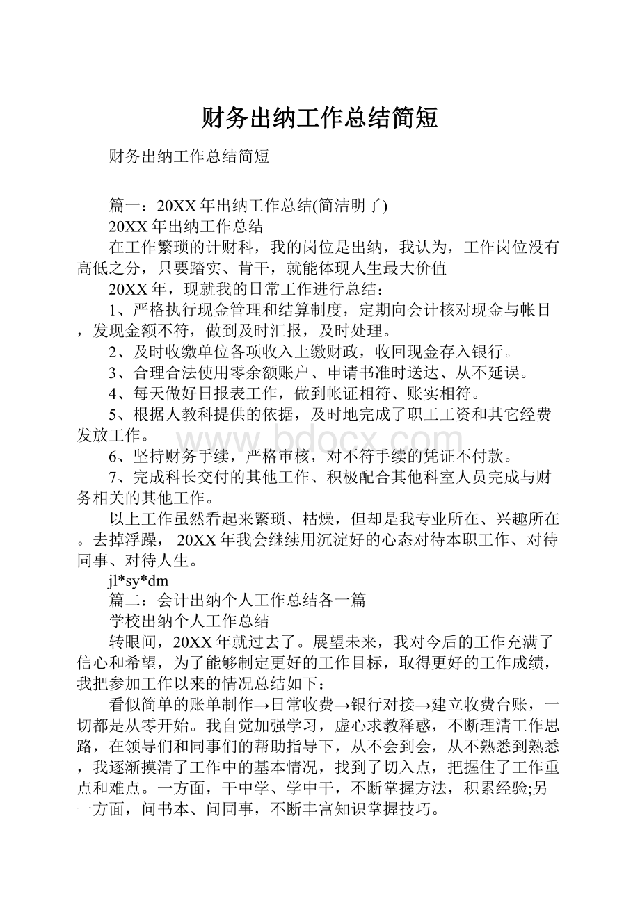 财务出纳工作总结简短.docx